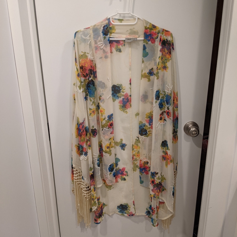 Floral, fringe, beaded kimono
